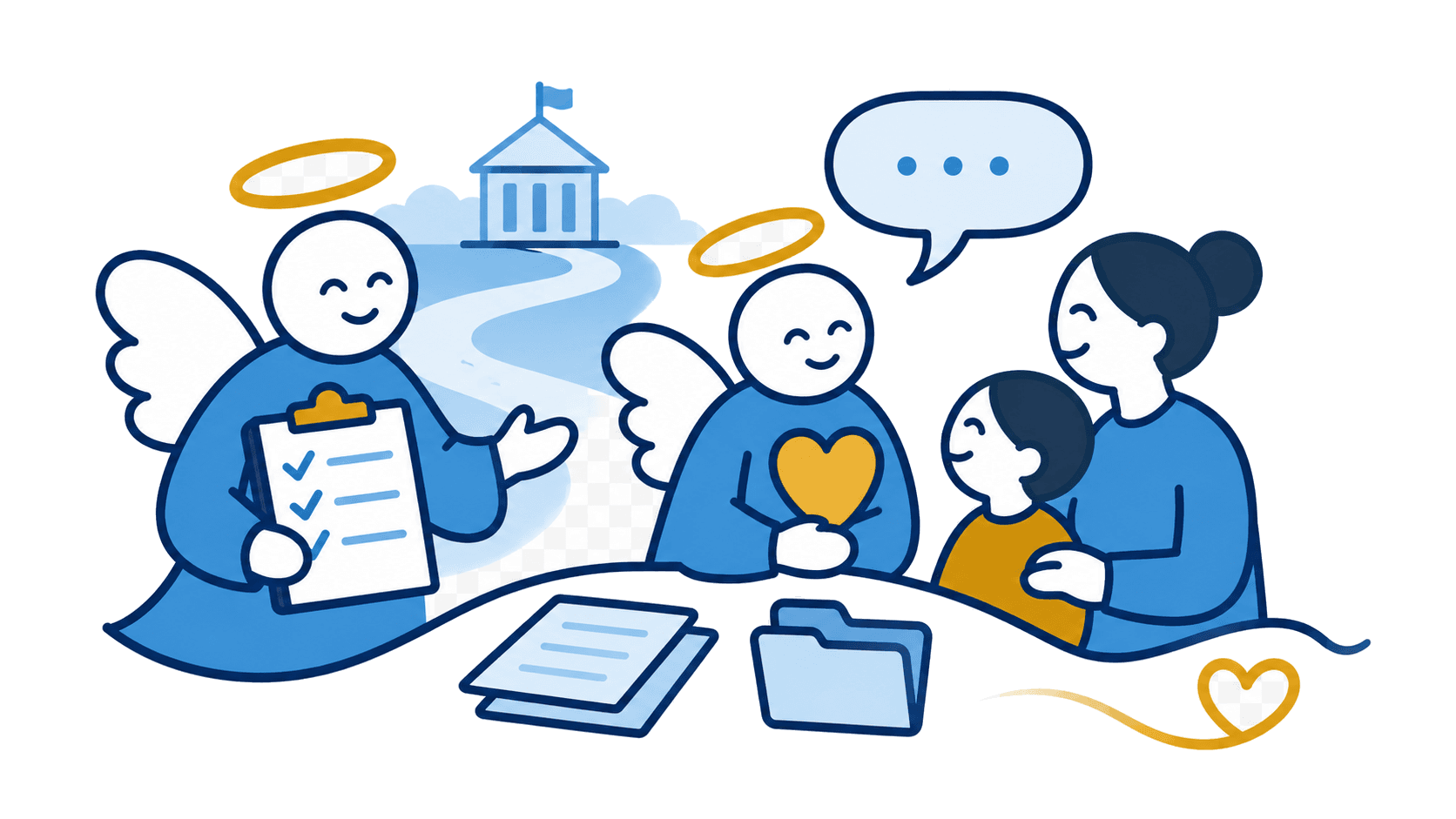 Angel Advocates illustration showing advocacy support with paperwork, conversation and family care